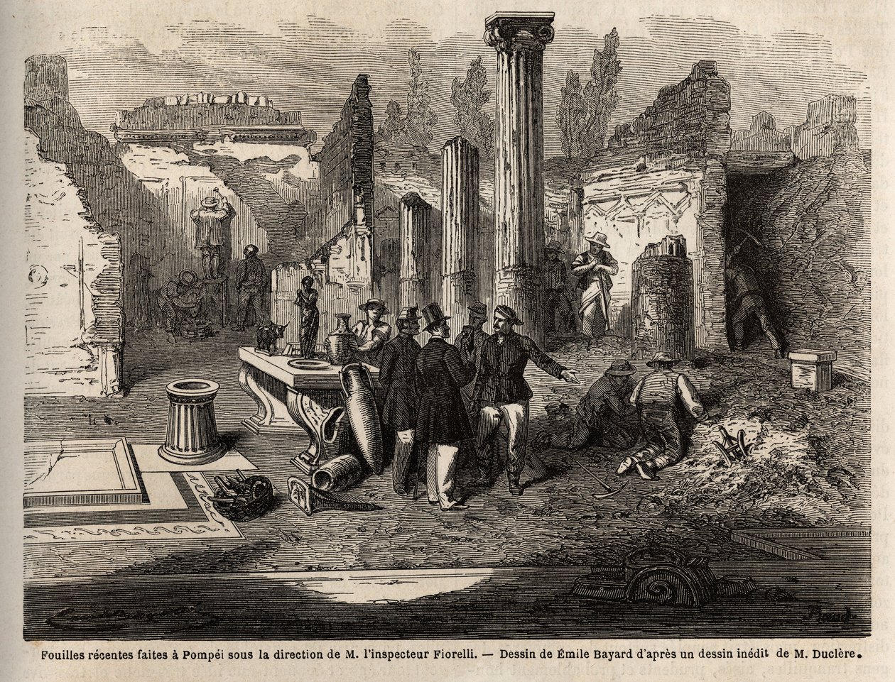 Wykopaliska z 1864 r. w Pompejach, pod kierunkiem inspektora Fiorelli, rys. Emile Bayard (1837-1891), ilustrujący tekst Marca Monniera (1829-1885) „Pompeje i Pompejanie”. Grawerowanie w „Le tour du monde””, pod redakcją Edouarda Chart autorstwa Emile Antoine Bayard