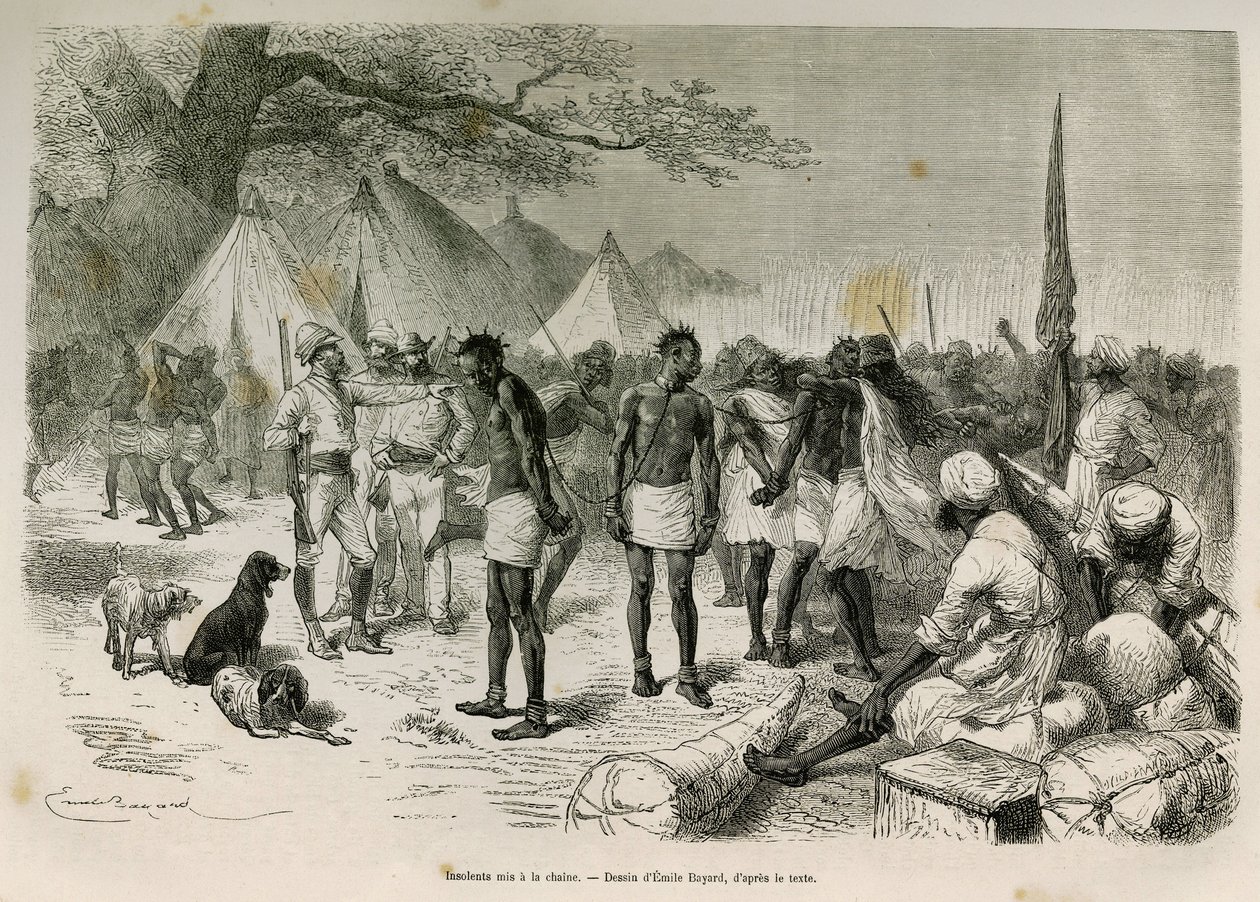 Bezczelni przewoźnicy ekspedycji wciągnięci do łańcucha, rys. Emile Bayard, aby zilustrować tę historię: Przez Afrykę, od Zanzibaru (Tanzania) do Bengueli (Angola), od 1872 do 1876, przez porucznika V.H.Camerona. Grawerowanie w Le tour du monde autorstwa Emile Antoine Bayard
