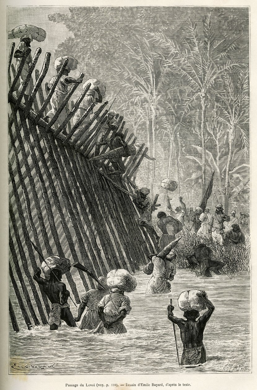 Przejście ekspedycji przez rzekę Lovoi (lub rzekę diabła) (region Katanga, Kongo), rys. Emile Bayard, aby zilustrować podróż przez Afrykę, z Zanzibaru (Tanzania) do Bengueli (Angola), w latach 1873-1876 , przez brytyjskiego dowódcę V.L. autorstwa Emile Antoine Bayard