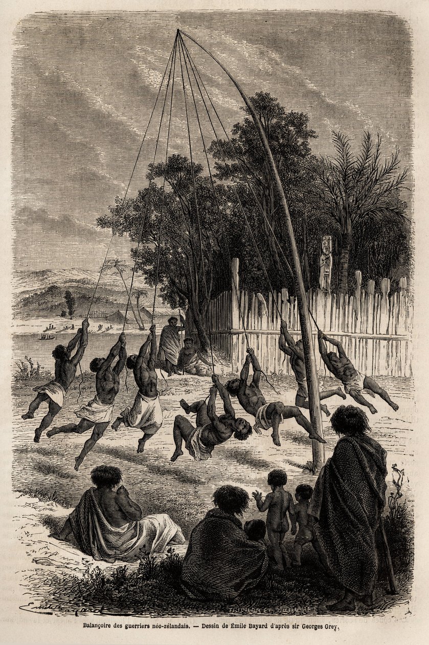 Huśtawka neozelandzkich wojowników na przesmyku Auckland, rysunek Emile Bayard (1837-1891), ilustrujący podróż Ferdinanda de Hochstettera do Nowej Zelandii w latach 1858-1860. Grawer w „”Le tour du monde””, pod redakcją Edouard Charton autorstwa Emile Antoine Bayard