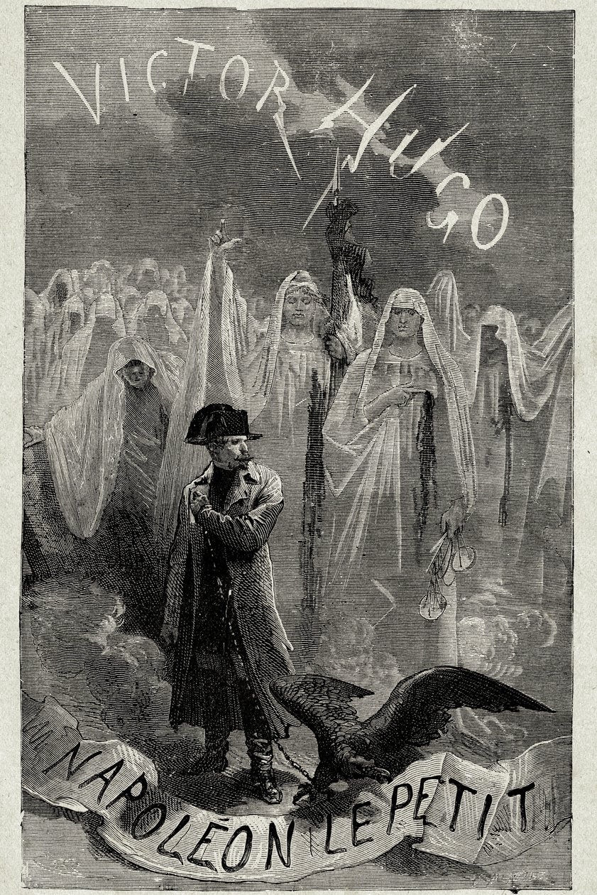 Strona tytułowa książki Victora Hugo „Napoleon Mały””” (Napoleon 3 trzymający łańcuszek z orłem). Grawerowanie: Emile Bayard. autorstwa Emile Antoine Bayard