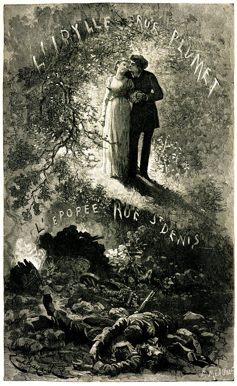 Miserables Victora Hugo: sentymentalna fabuła na tle historycznego fresku. Kochankowie Cosette i Marius (miłość - idylle rue Plumet) i barykady Paryża (Revolution - Epopee rue St Denis (Saint-Denis). Ilustracja Emile Bayard dla Olla autorstwa Emile Antoine Bayard