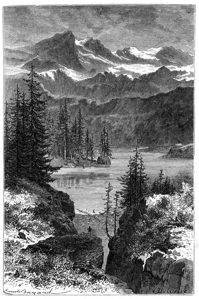 Widok na Alpy: las, jezioro, szczyty. Ilustracja Emile