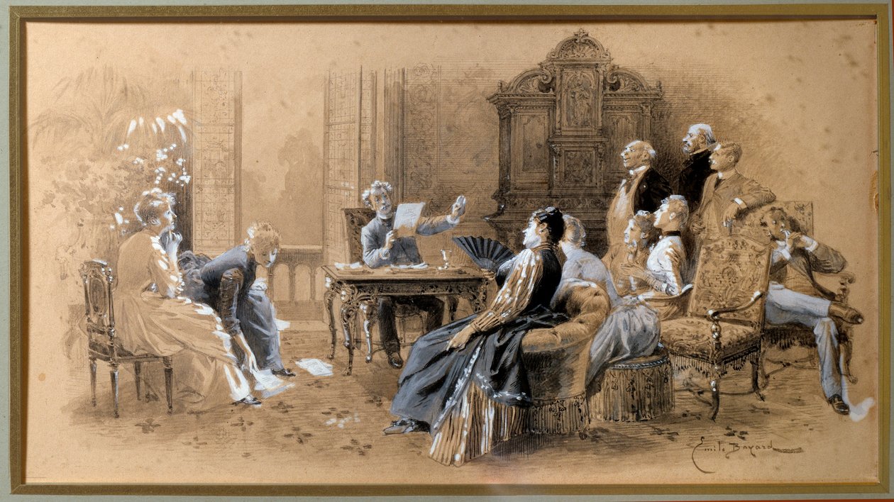 Pisarz Alexandre Dumas Jr. (1824-1895) czytający swoje prace Lavis d