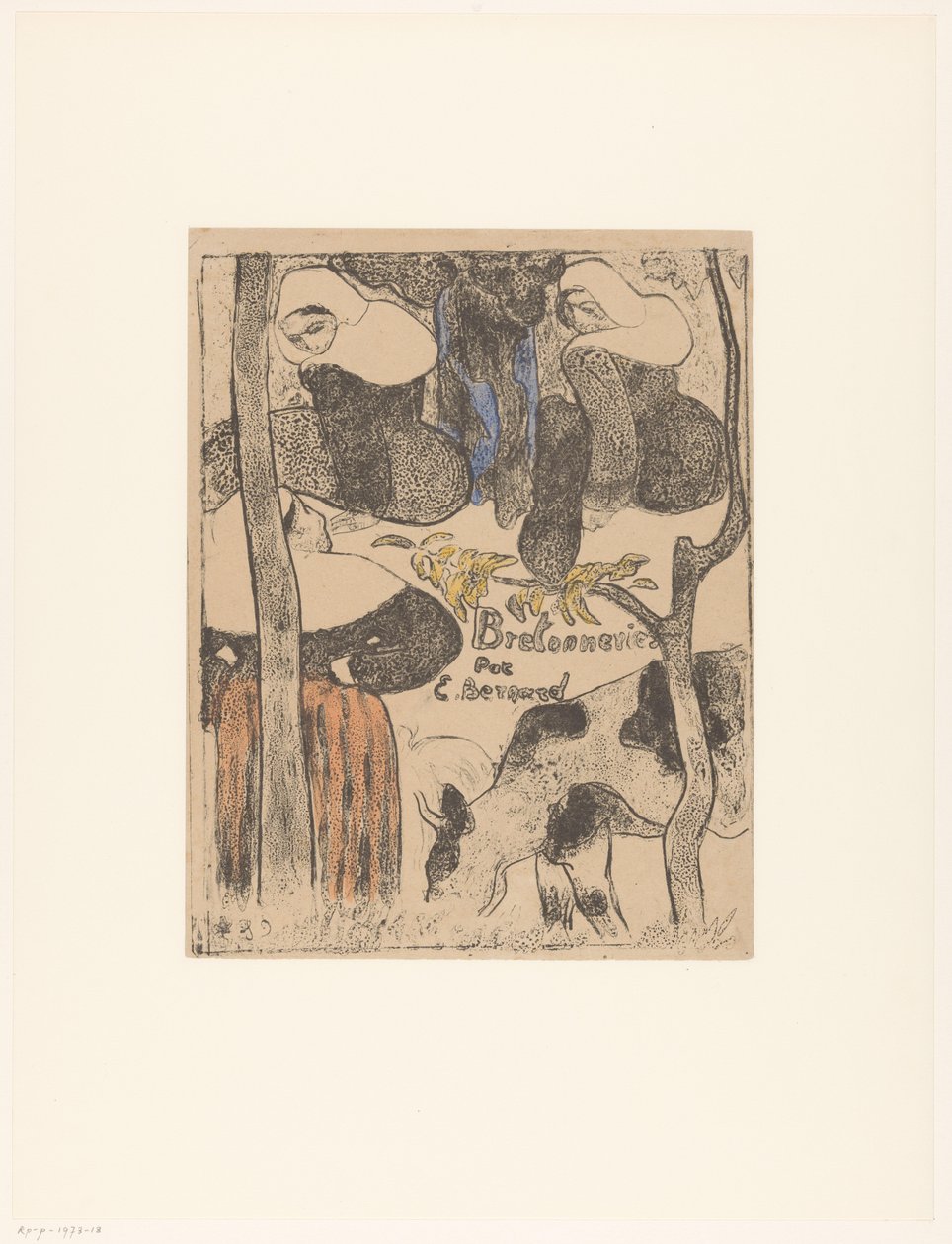 Trzy bretońskie kobiety i krowy Druk tytułowy dla: Émile Bernard, Bretonneries, 1889 Bretończycy i vache Bretonki (tytuł serii) Bretończycy (tytuł serii na obiekcie) autorstwa Emile Bernard