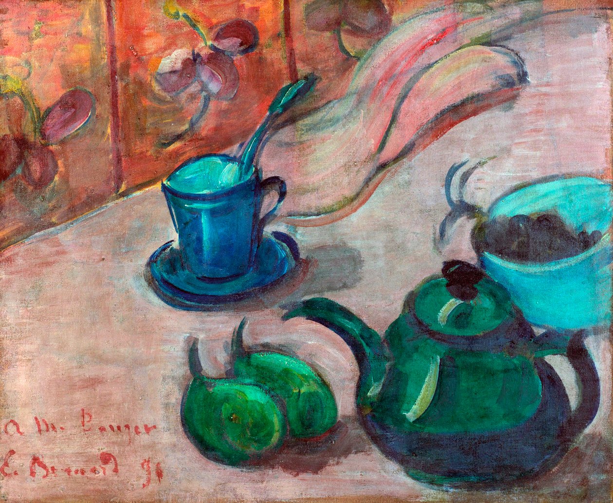 „„Nature morte a la theiere, tasse et fruit”” (Martwa natura z czajnikiem, filiżanką i owocami) Peinture d