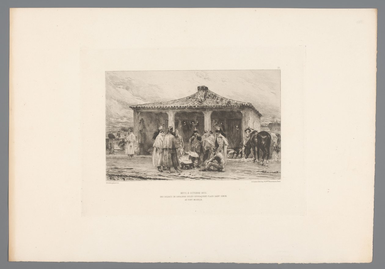 Żołnierz grupy w jednym obozie Metz 8 października 1870/ Biwak odosobnionej kawalerii na Place Saint Simon w Fort Moselle (tytuł na obiekcie) Francja etsen uit 1875 (tytuł serii) Akwaforta w 1875 (tytuł serii) autorstwa Emile Boilvin