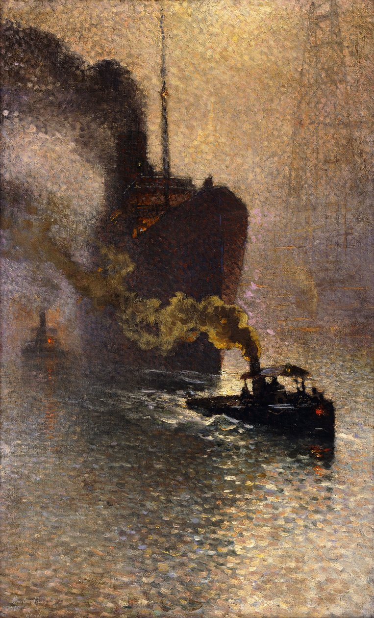 W holu nad Tamizą we mgle; Escorte sur la Tamise dans le Brouillard - Zabrany na hol nad Tamizą, 1918 autorstwa Emile Claus