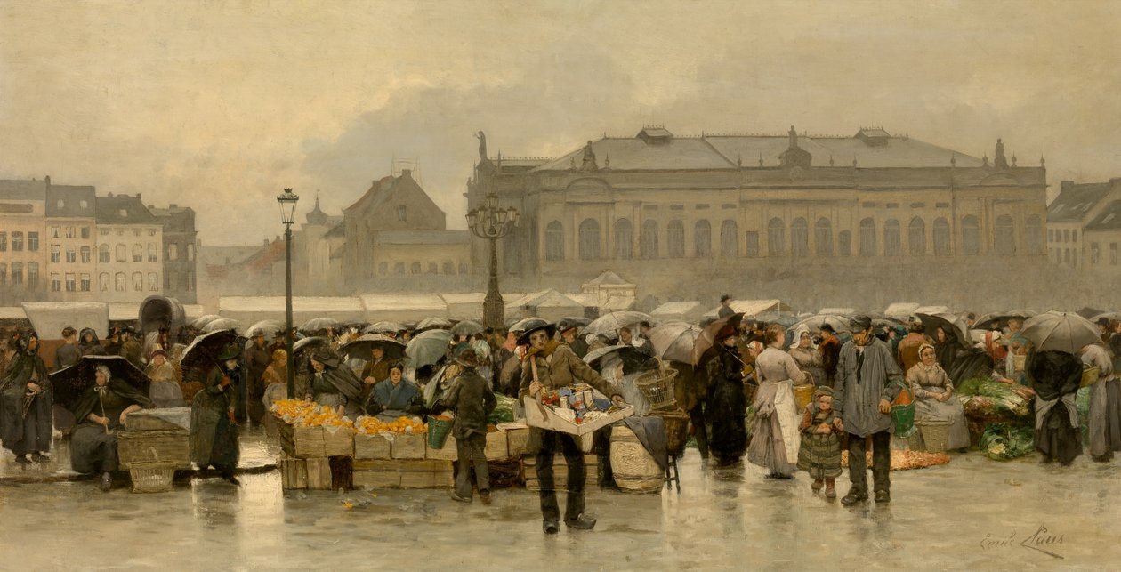 Rynek przed teatrem w Antwerpii (olej na płótnie) autorstwa Emile Claus
