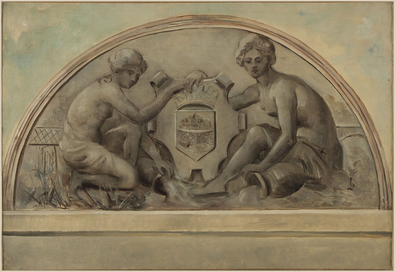 Szkic frontonu kompleksu szkolnego w Alfortville: Sekwana i Marna otaczające herb Alfortville, 1898 (olej na płótnie) autorstwa Emile Delbos
