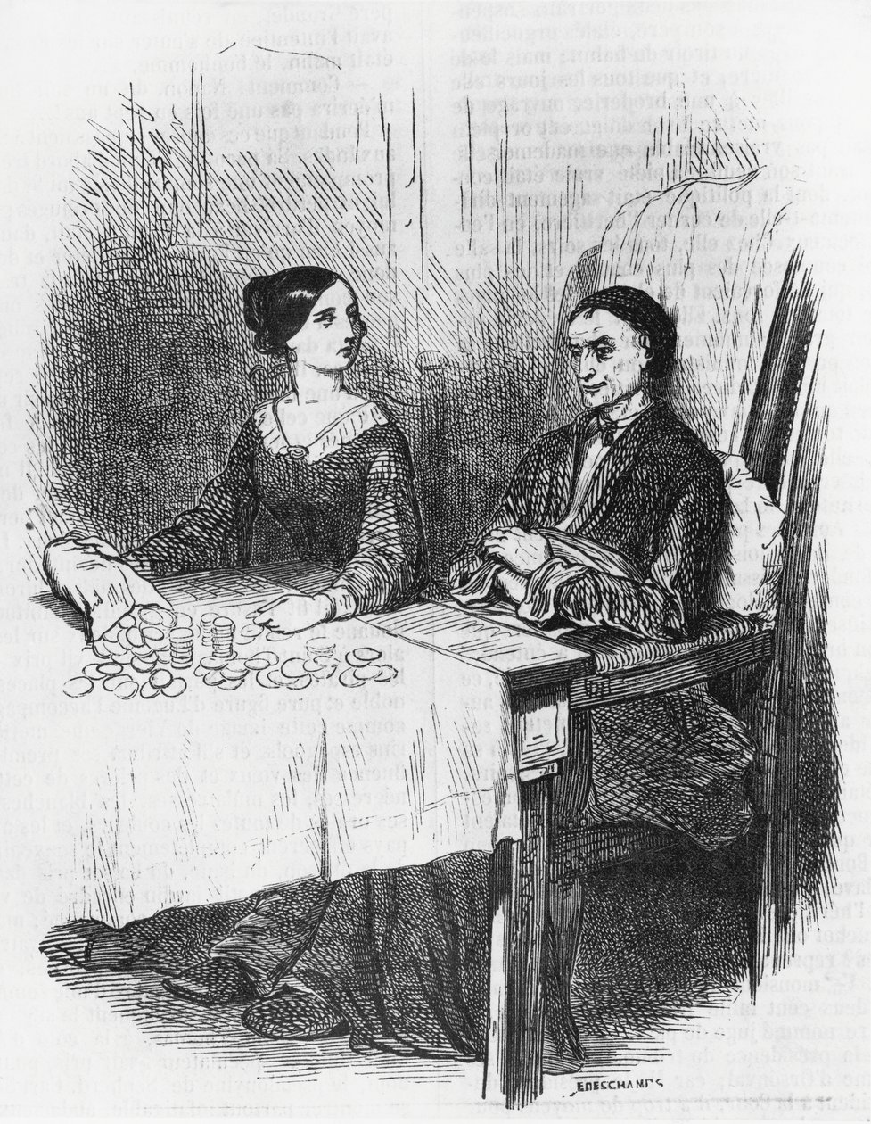 Kuvitus Eugenie Grandetille, Honore de Balzacin (1799-1850) romaani moniosaisesta kokoelmasta Human Comedy, kaiverrus Emile Deschamps (1822-1893)puola autorstwa Emile Deschamps