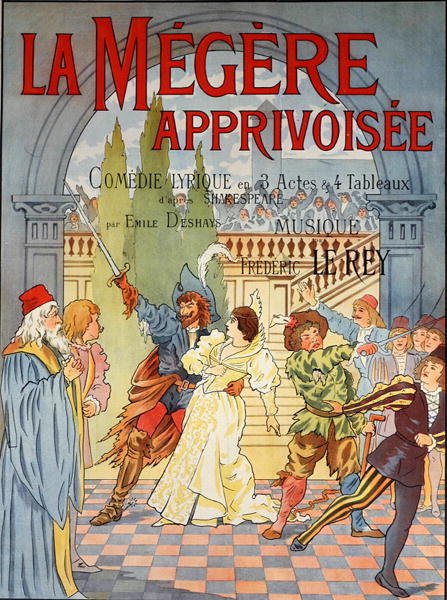 Plakat reklamujący komedię „La Megere Apprivoisee” na podstawie „Poskromienia złośnicy” Williama Szekspira (1564-1616) 1895 (kolor lito) autorstwa Emile Deshays