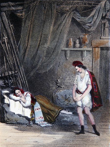 Scena przedstawiająca niemą Fenellę śpiącą w chacie z bratem Masaniello: akt IV z opery Aubera „La Muette de Portici”, ok. 1835 (kolor lito) autorstwa Emile Deshays