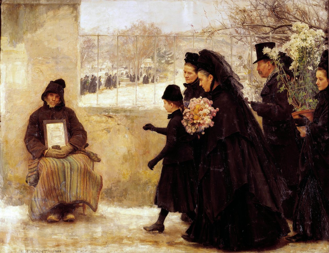 Wszystkich Świętych Rodzina w żałobie idąca na cmentarz daje monetę starcowi robiącemu alumone. Obraz Emile Friant (1863-1932) 1888 Nd. 2,54x3,34 m Nancy, musee des Beaux Arts autorstwa Emile Friant