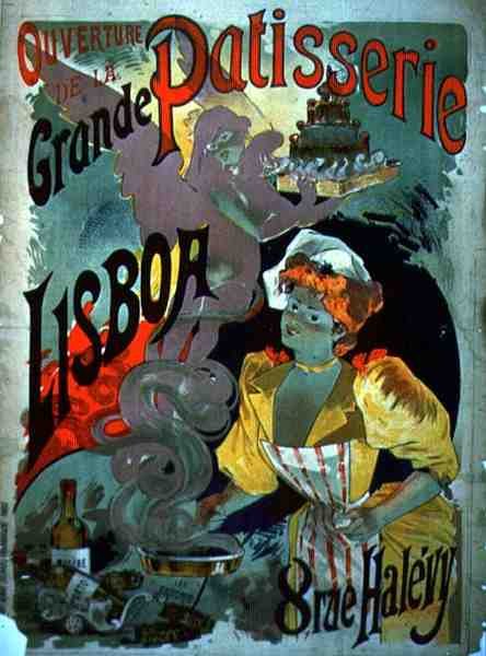Plakat reklamujący „Otwarcie Grande Patisserie Lisboa” w Paryżu, ok. 1900 r. 1895 (kolor lito) autorstwa Emile Georges Giran