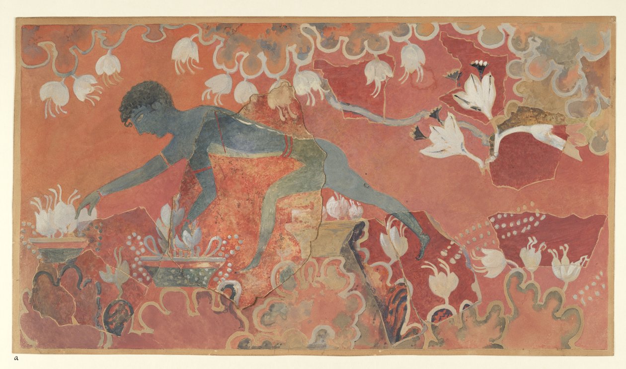 Pintura do afresco do Macaco Azul Saffron Gatherer do Palácio de Minos em Knossos (Evans Fresco Drawing L/3 a)), por volta de 1921 (papel, pigmento)polonês autorstwa Emile Gilliéron