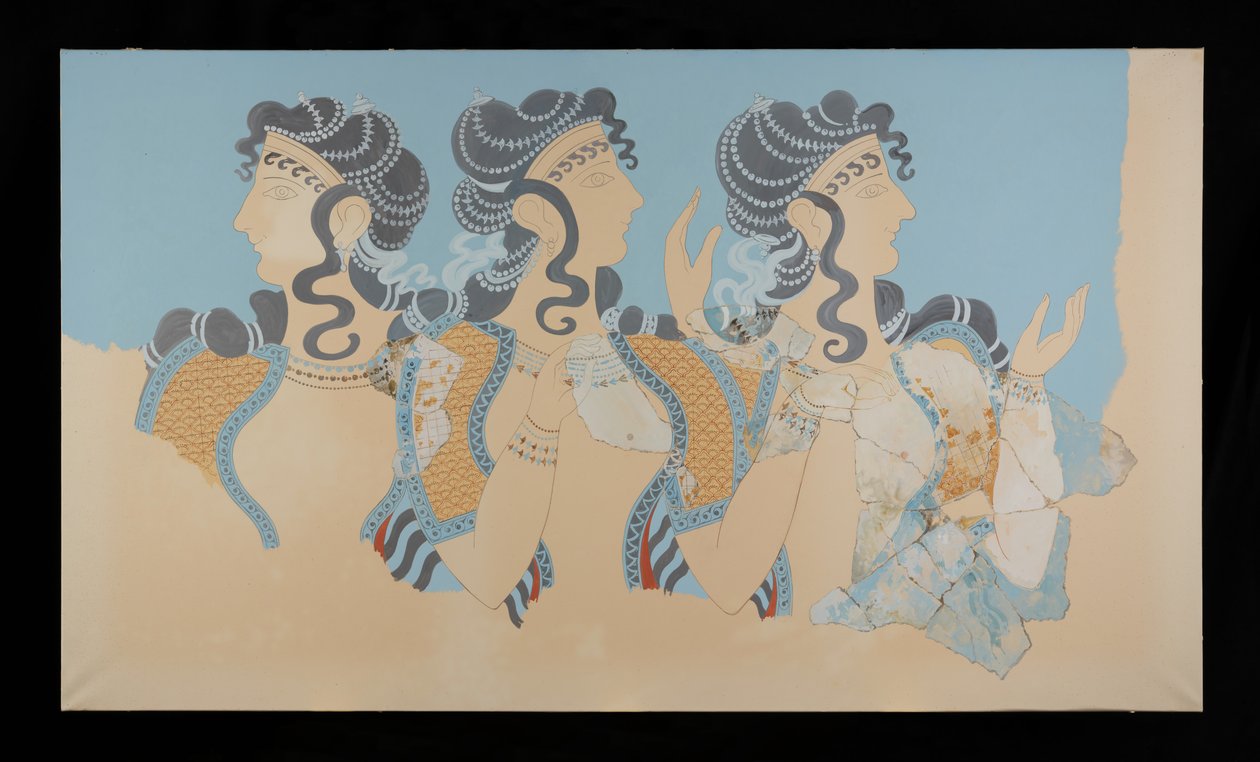 Obraz odrestaurowanych Dam w niebieskim fresku z Pałacu Minosa w Knossos (rysunek Evans Fresco O / 7) autorstwa Emile Gilliéron