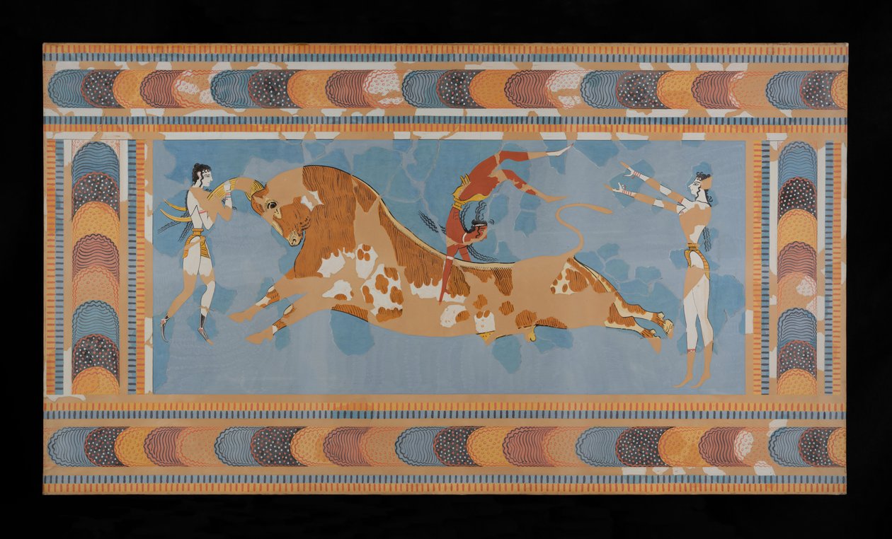 Obraz odrestaurowanego fresku Taureadora z Pałacu Minosa w Knossos (rysunek fresku Evansa nr 4) autorstwa Emile Gilliéron