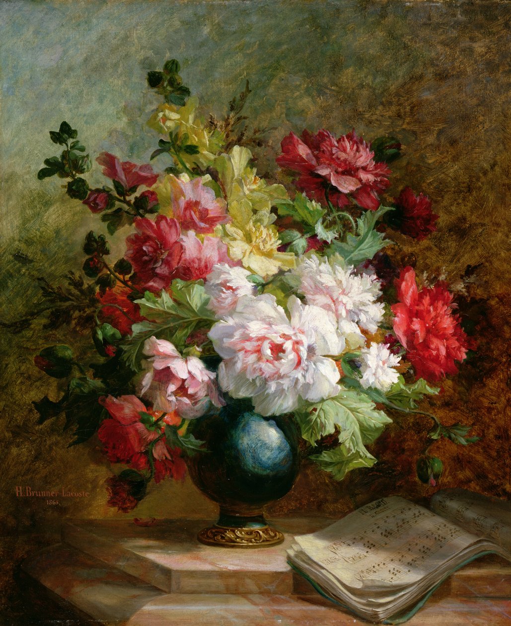Martwa natura z kwiatami i nutami autorstwa Emile Henri Brunner Lacoste