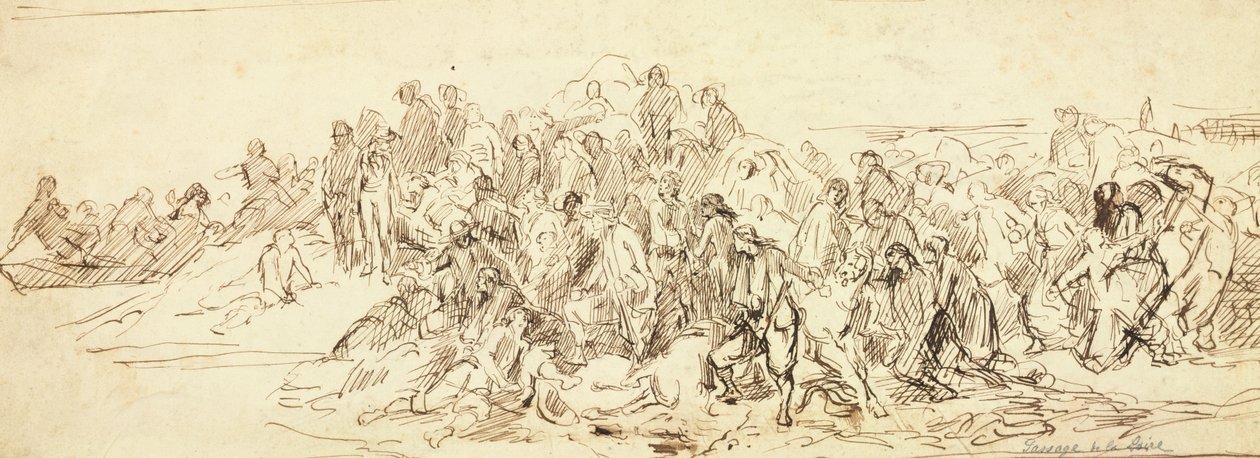 Przeprawa przez Loarę w październiku 1793 (tusz na papierze) autorstwa Emile Jean Horace Vernet