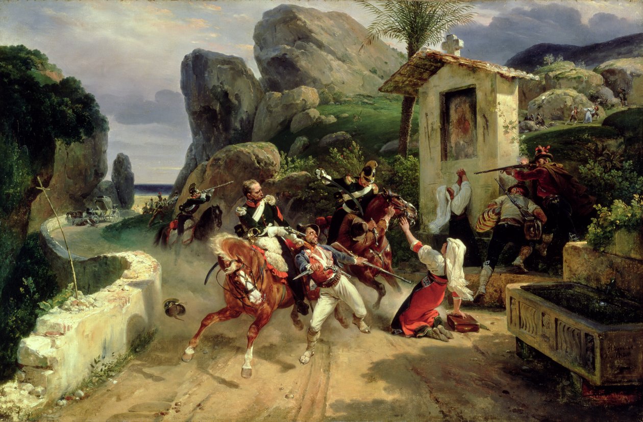 Włoscy bandyci zaskoczeni przez wojska papieskie, 1831 autorstwa Emile Jean Horace Vernet