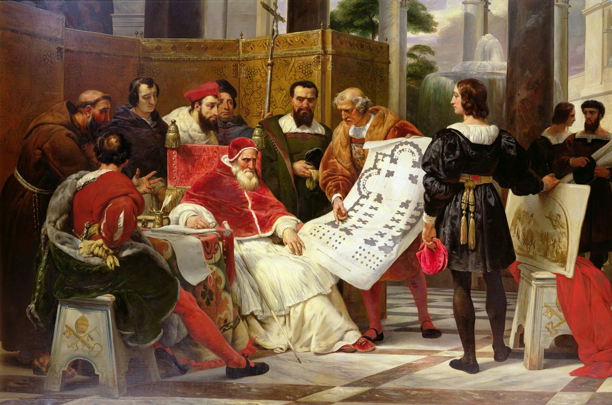 Papież Juliusz II zleca Bramantemu, Michałowi Aniołowi i Rafaelowi budowę Watykanu i kościoła św. Piotra, 1827 (detal z 157491) autorstwa Emile Jean Horace Vernet