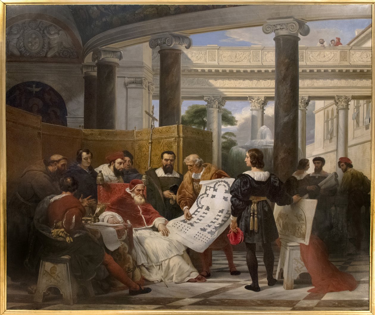Papież Juliusz II zlecający dzieło Watykanu i św. Piotra w Bramante, Michała Anioła i Rafaela autorstwa Emile Jean Horace Vernet