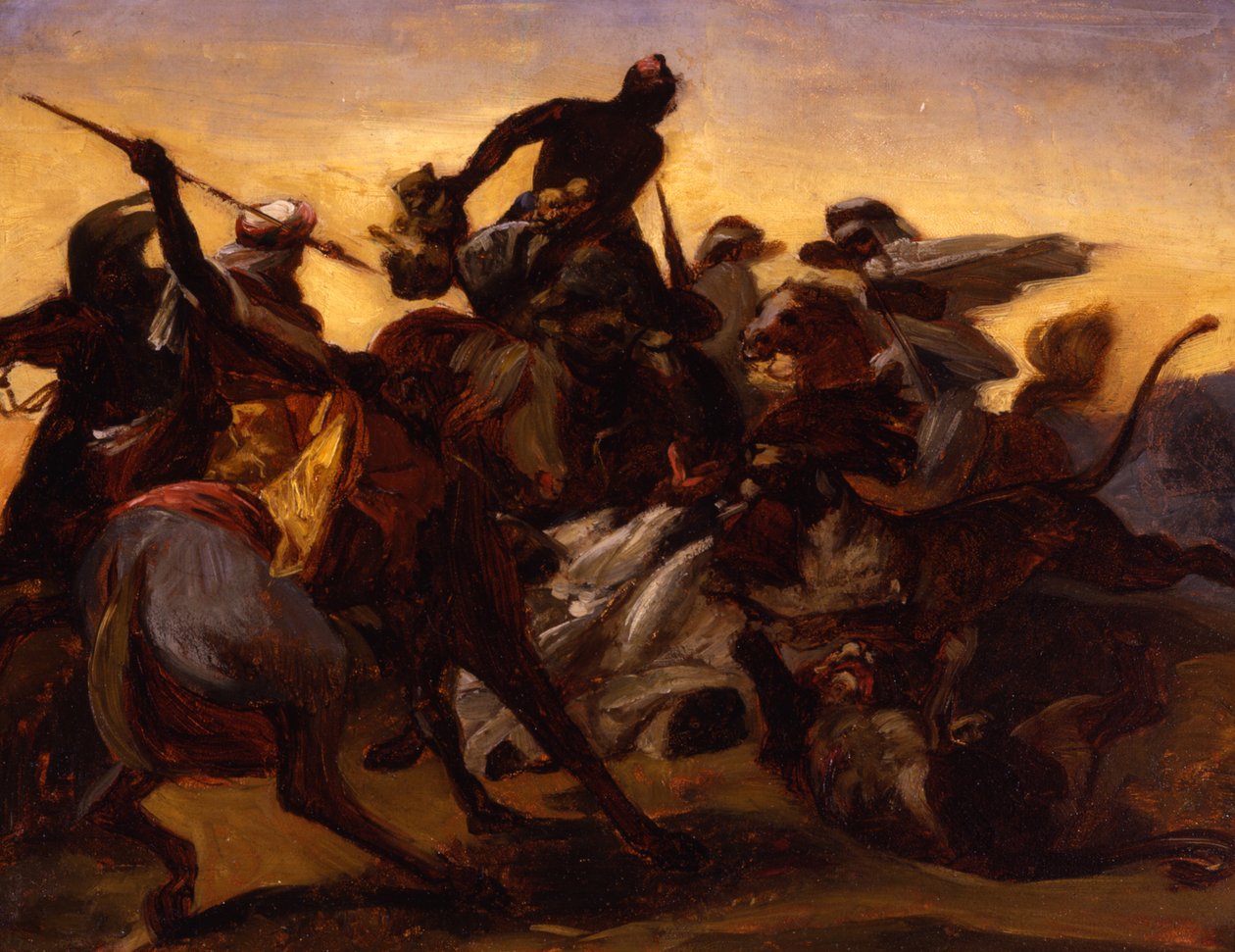 Szkic do Polowania na lwa, ok. 1836 (olej na papierze nałożony na płótno) autorstwa Emile Jean Horace Vernet