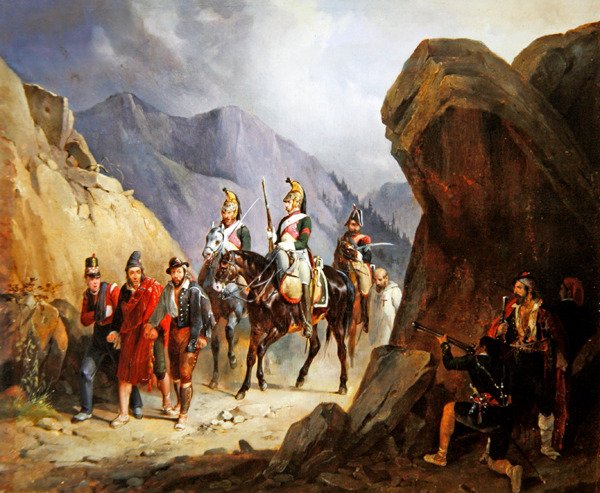 Zasadzka, bandyci zamierzający uwolnić swoich towarzyszy (olej na papierze) autorstwa Emile Jean Horace Vernet