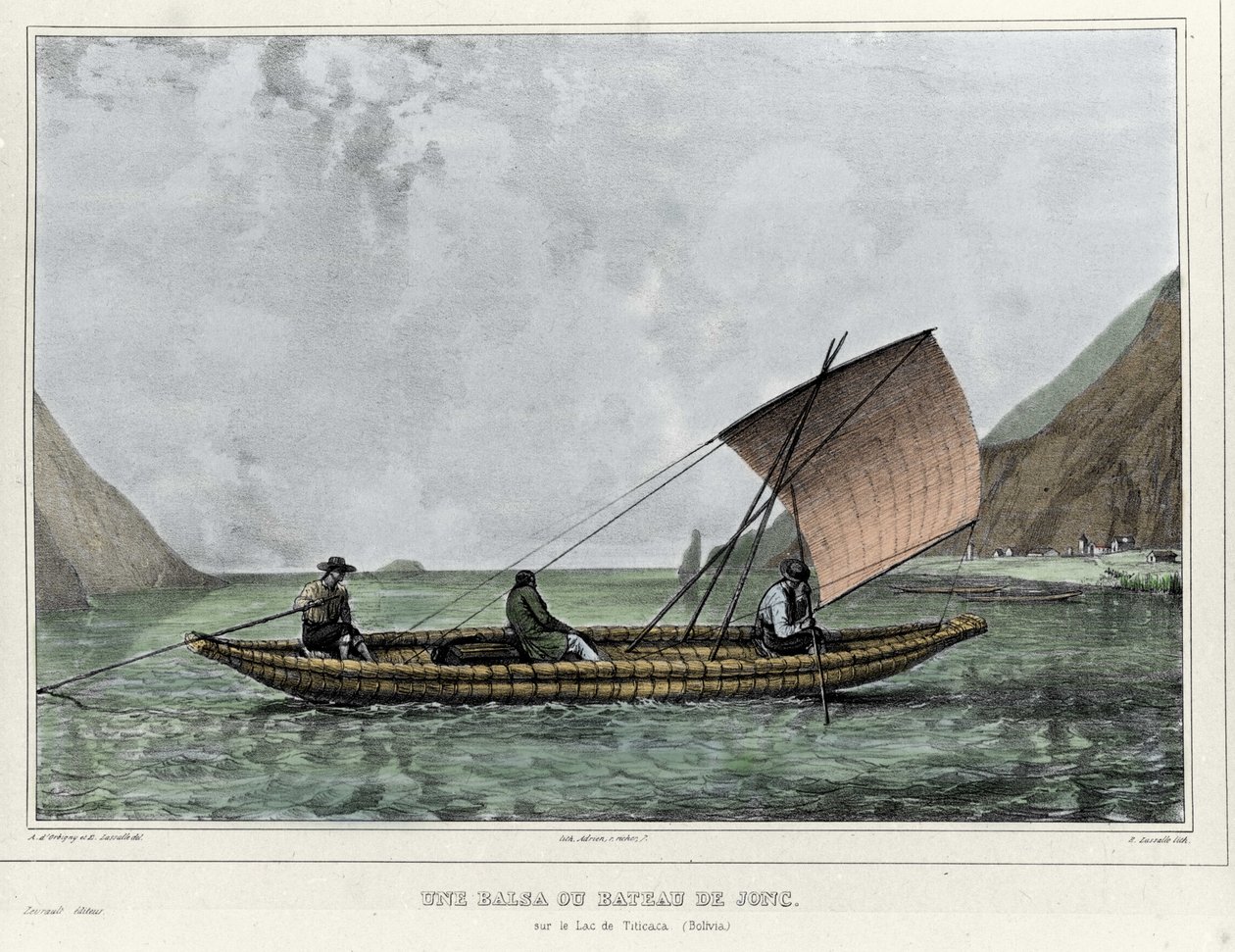 Balsa lub szalupa na jeziorze Titicaca (Boliwia). Litografia Emile Lassalle (1813-1871) - w „Podróży w Ameryce Południowej” Alcide D