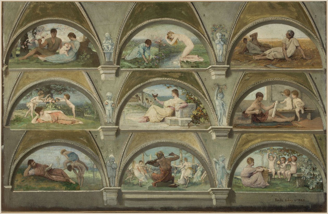 Szkic do salonu des cariatides w Hôtel de Ville w Paryżu: Alegoryczne sceny z życia codziennego (voussures) autorstwa Emile Levy