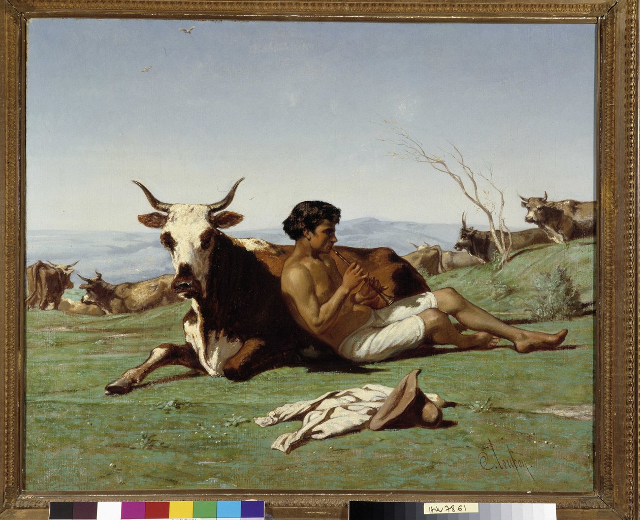 Młody patre gra na flecie. Obraz Emile Loubon (1809-1863). Wzmianka obowiązkowa: Collection fondation faith de Provence, Marseille autorstwa Emile Loubon