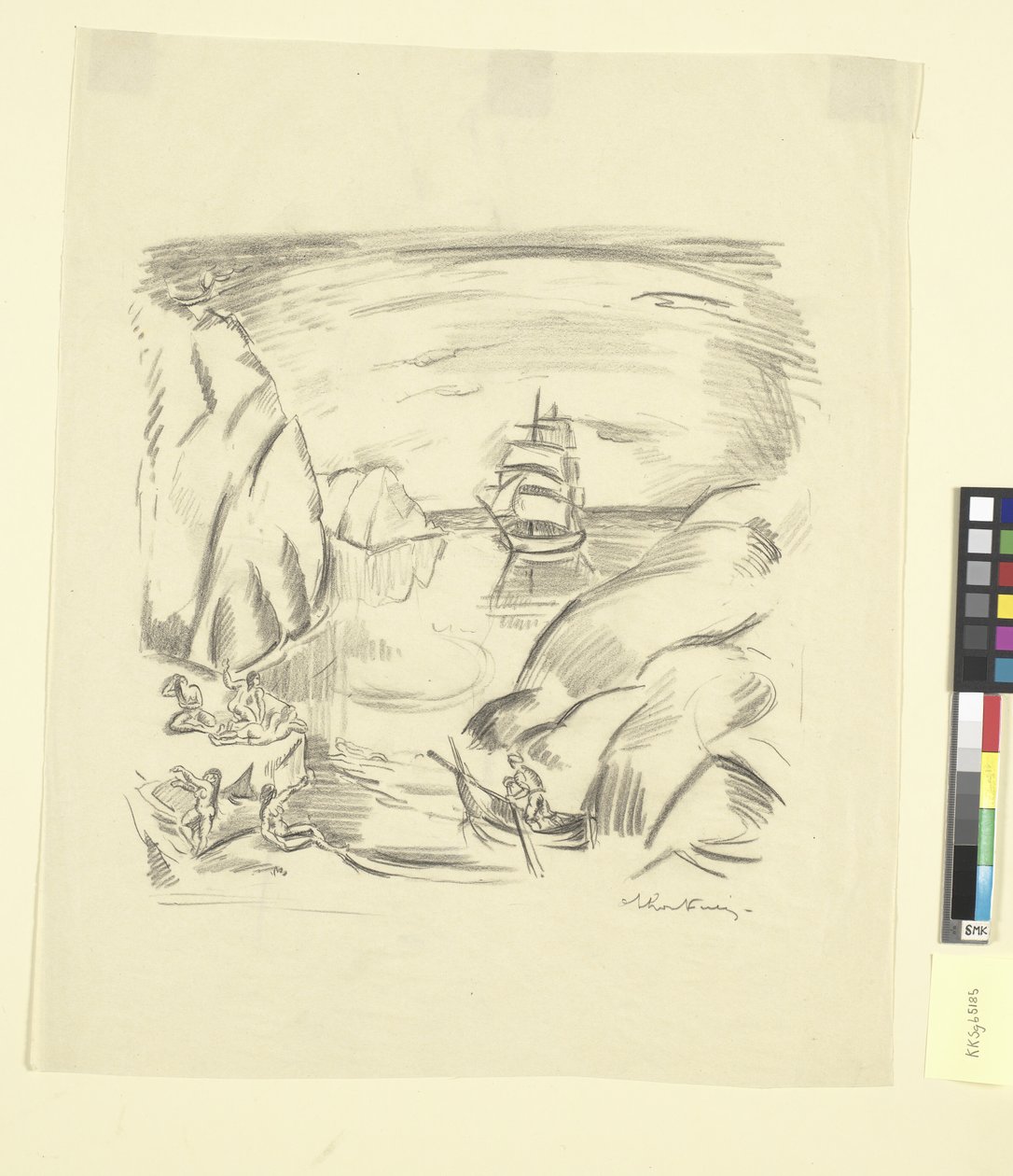 Zatoka morska z żaglowcem i kąpiącymi się kobietami autorstwa Emile Othon Friesz