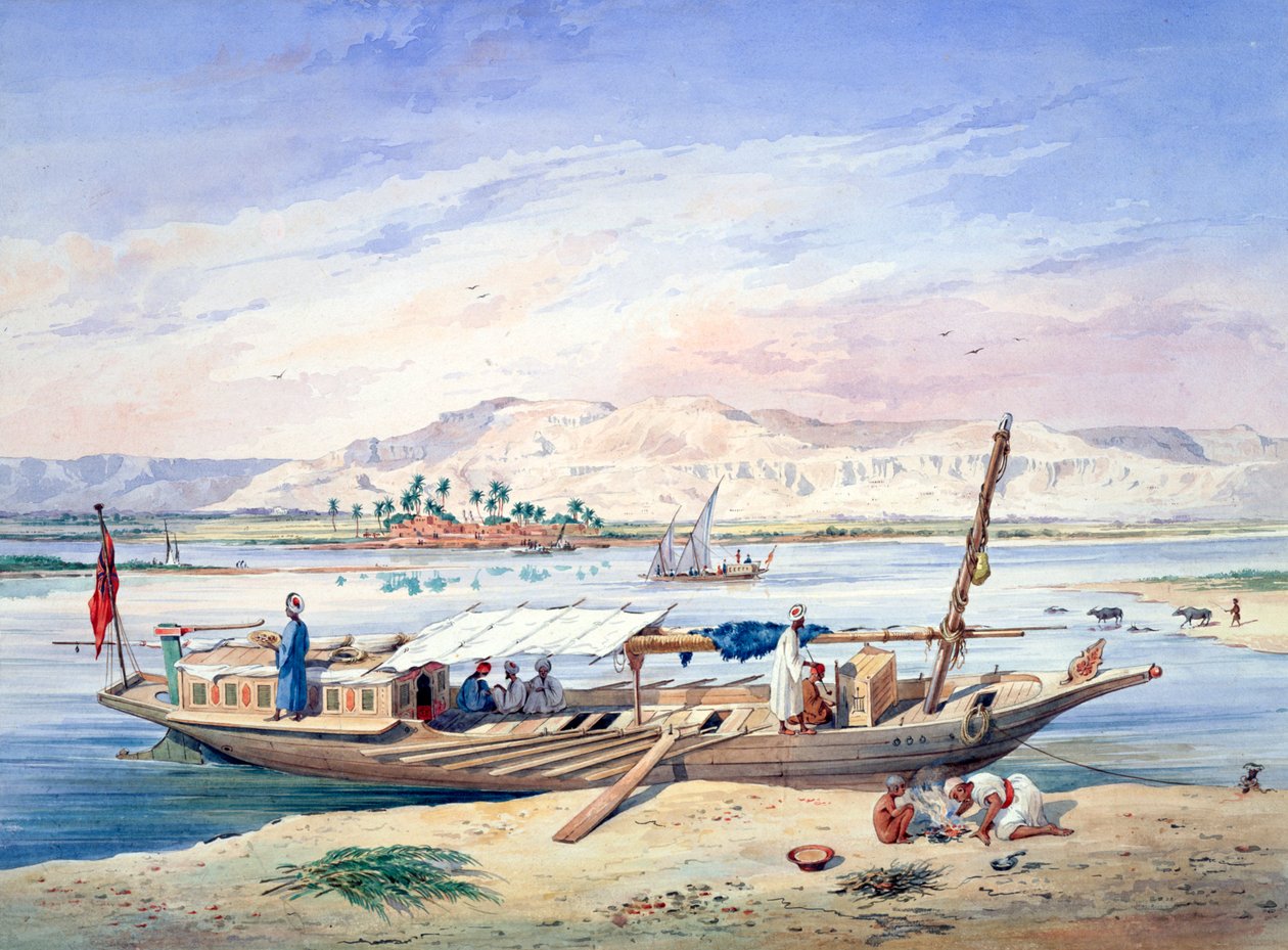 „Łódź na Nilu, Egipt”, XIX w. autorstwa Emile Prisse d
