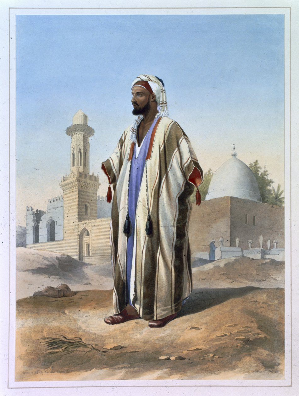 Fellah ubrany w Habę, ilustracja z „Doliny Nilu”, sztychowana przez Charlesa Boura (1814-81) wyd. przez Lemercier, 1848 autorstwa Emile Prisse d