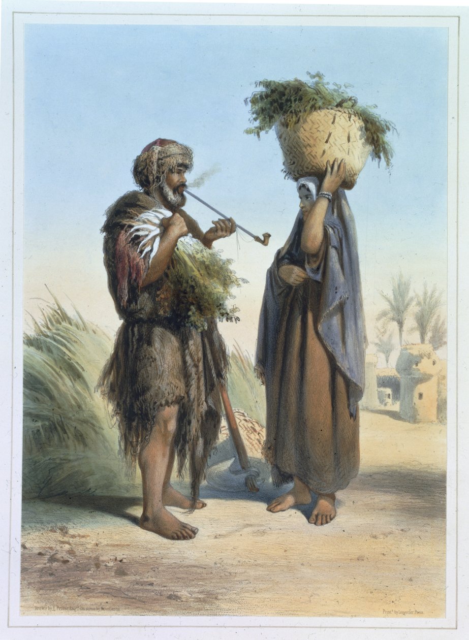 Fellah Man and Woman, ilustracja z „Doliny Nilu”, ryt. Mouilleron, wyd. przez Lemercier, 1848 autorstwa Emile Prisse d