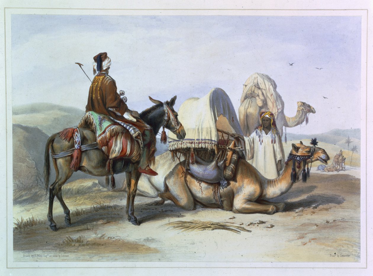 Kafila z wielbłądem trzymającym hodesz, ilustracja z „Doliny Nilu”, sztych. Lehnert, wyd. przez Lemercier, 1848 autorstwa Emile Prisse d