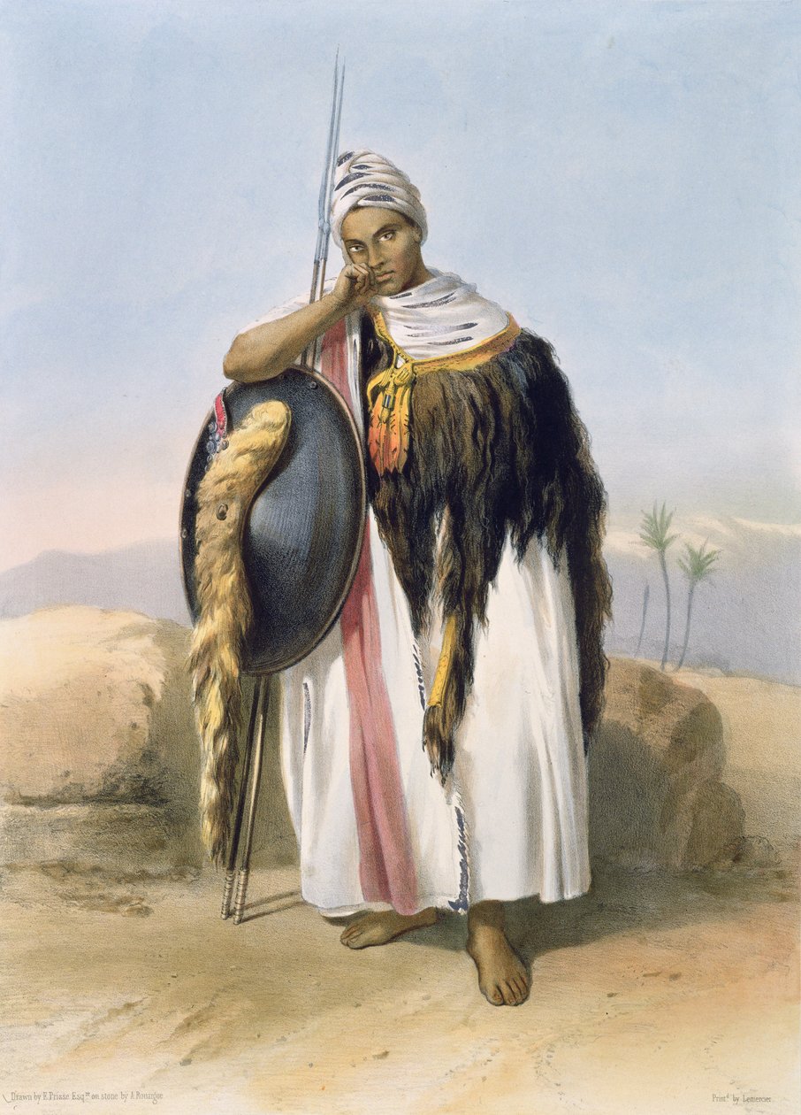 Wojownik z Amhary, Etiopia, ilustracja z „Doliny Nilu”, rytowana przez Adolphe Rouergue (1810-s.1870) wyd. przez Lemercier, 1848 autorstwa Emile Prisse d