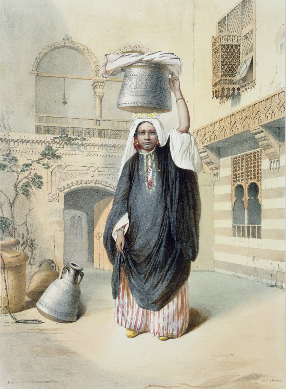 Młoda arabska dziewczyna powracająca z łaźni tureckiej w Kairze, ilustracja z „Doliny Nilu”, sztychowana przez wyd. Emile Desmaisons (1812-80). przez Lemercier, 1848 autorstwa Emile Prisse d