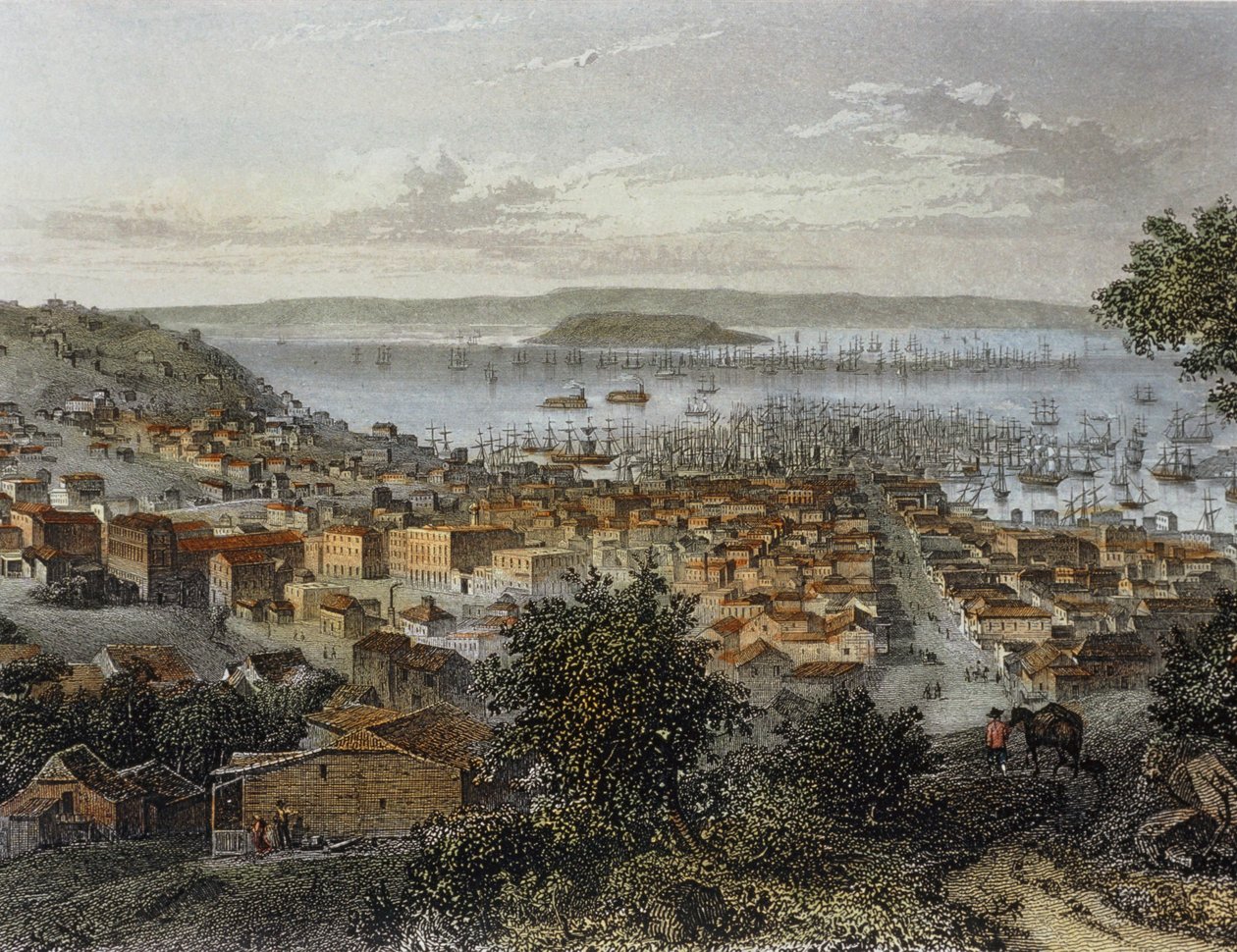 Widok na San Francisco, Kalifornia, USA. Rysunek ... (grawerunek) autorstwa Emile Rouargue