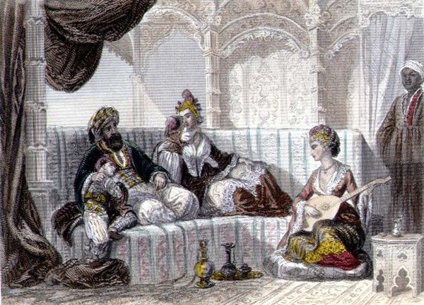 Wnętrze z bejem i jego rodziną, z "Konstantynopola i Morza Czarnego", grawerowane przez braci Rouergue autorstwa Emile and Rouergue Adolphe Rouergue