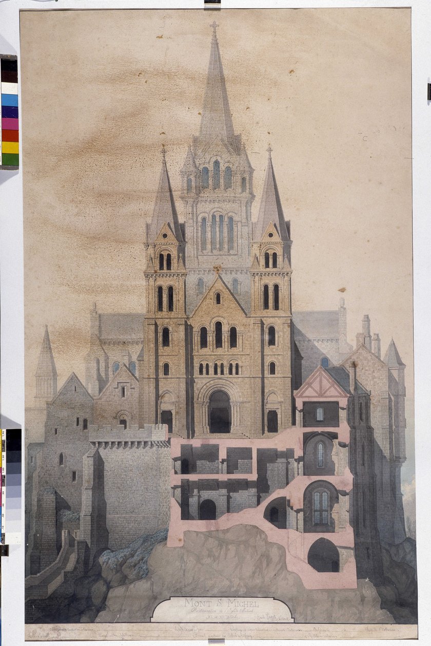 Architektura gotycka: fasada kościoła i rozbiór domów klasztornych. Rysunek Miejskiego Muzeum Avranches (Manche) autorstwa Emile Sagot
