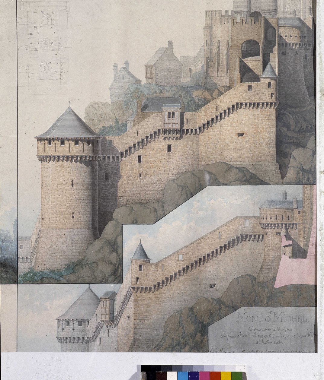 Widok machicoulis między Wieżą Północną a Wieżą Claudine na Mont Saint Michel. Rysunek Emile Sagot. Miejskie Muzeum Avranches (Manche) autorstwa Emile Sagot