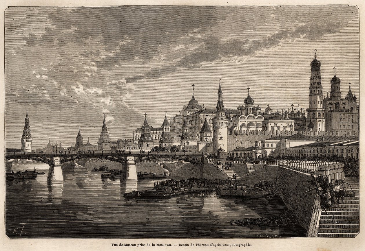 Ogólny widok Moskwy z Moskowej, rys. Therond, dla zilustrowania podróży z Szanghaju do Moskwy w latach 1859-1862 pana de Bourboulon, ministra Francji do Chin. Grawerowanie w „”Le tour du monde””, pod redakcją Edouarda Chartona autorstwa Emile Theodore Therond