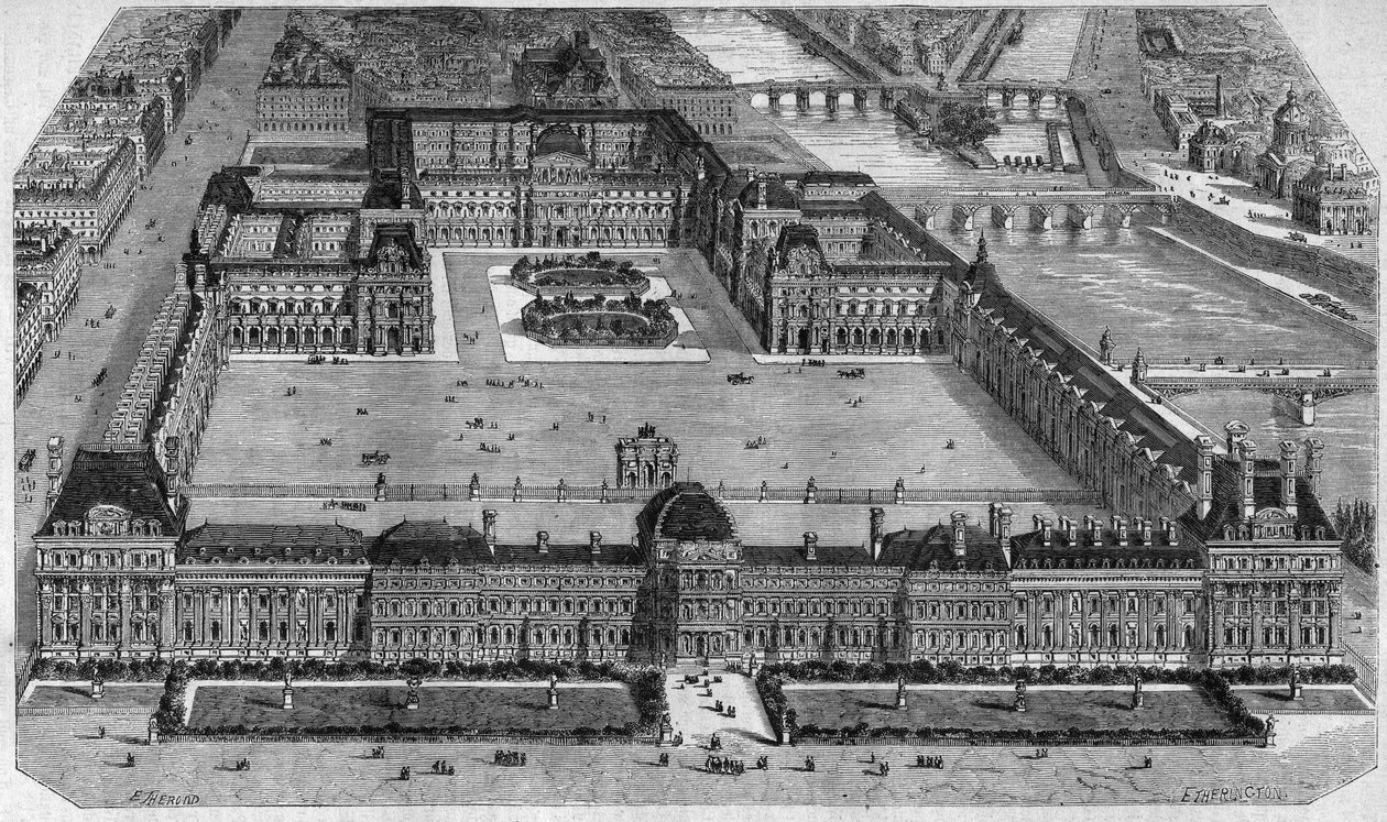 Widok ogólny paryskiego Luwru z Ogrodu Tuileries autorstwa Emile Theodore Therond