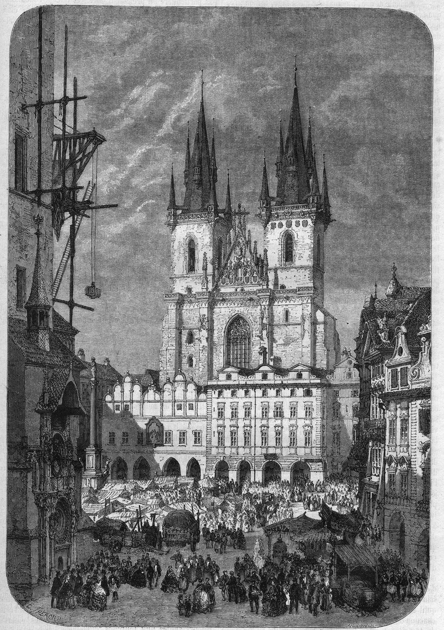Architektura gotycka: widok zewnętrzny kościoła Matki Boskiej Tyńskiej (Teynkirche) w Pradze. Jego budowa trwała od połowy XIV do XVI wieku. Grawerowanie autorstwa Theronda w „”Le Magasin Picturesque”” autorstwa Emile Theodore Therond