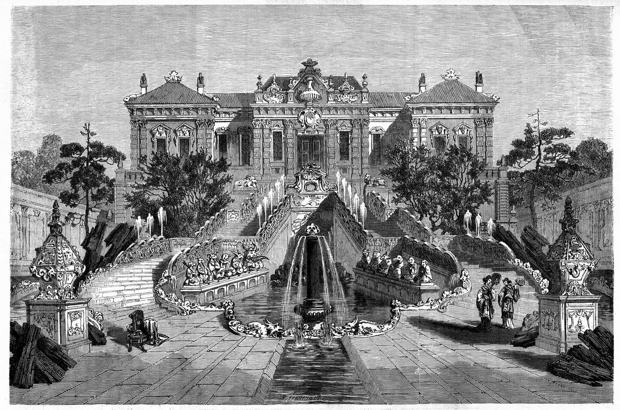 Pawilon Haiyan Tang ma zachodnią architekturę w pałacu Ete w Pekinie (Pekin). Grawer według rysunku Theronda, w „”Le Tour du Monde, Nouveau journal des Voyages””, pod redakcją Edouarda Chartona, Paryż autorstwa Emile Theodore Therond