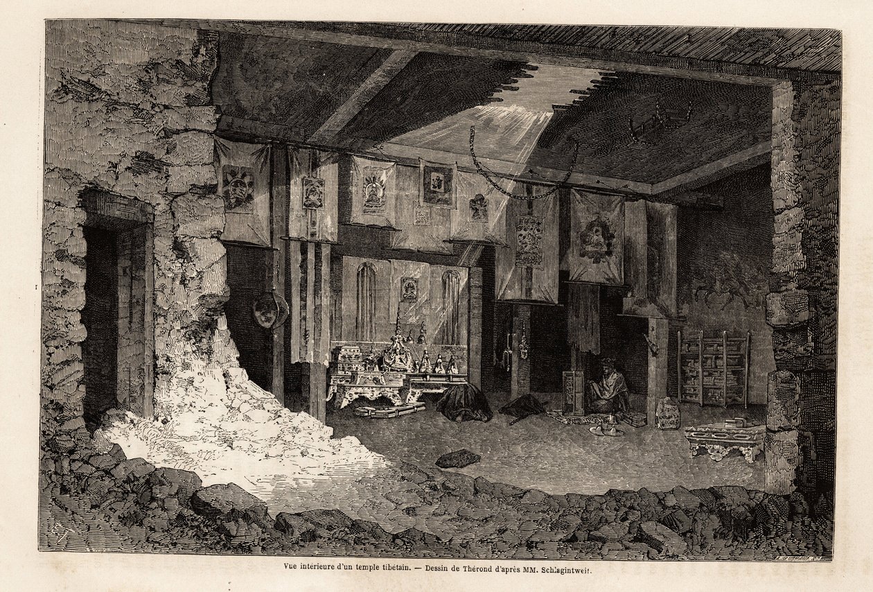 Widok wnętrza tybetańskiej świątyni, rysunek Theronda, ilustrujący podsumowanie roku geograficznego 1862, autorstwa Vivien de Saint Martin. Grawerowanie w „”Le tour du monde””, pod redakcją Edouarda Chartona autorstwa Emile Theodore Therond