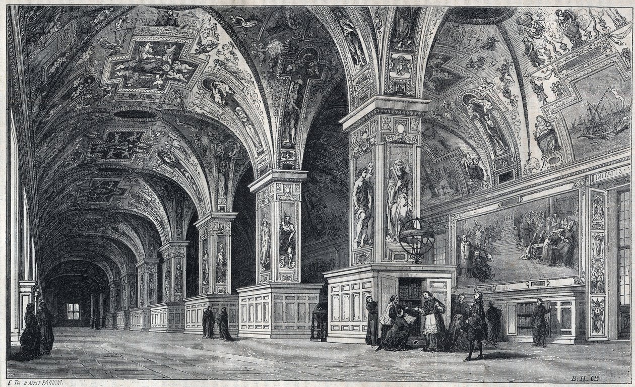 Widok wnętrza Biblioteki Watykańskiej w XVIII wieku. Grawer autorstwa Theronda z rysunku Francois Panniniego. autorstwa Emile Theodore Therond