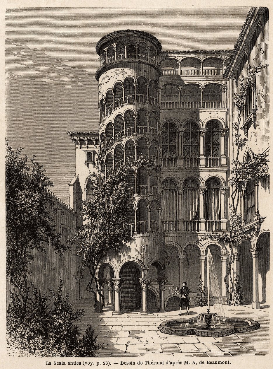 La Scala Antica, rysunek Theronda, ilustrujący podróż Adalberta de Beaumont do Wenecji, ok. 1850 r. Grawer w „”Le tour du monde””, pod redakcją Edouarda Chartona autorstwa Emile Theodore Therond